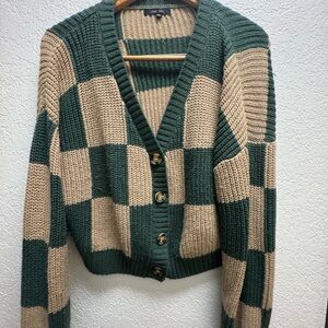 Green and Tan Checkered Women's Sweater